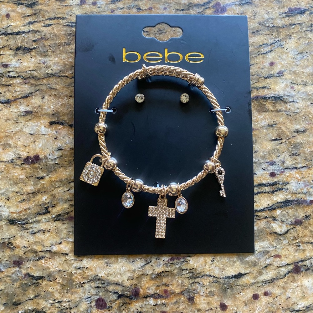 NEW Bebe gold charm bracelet and earring set